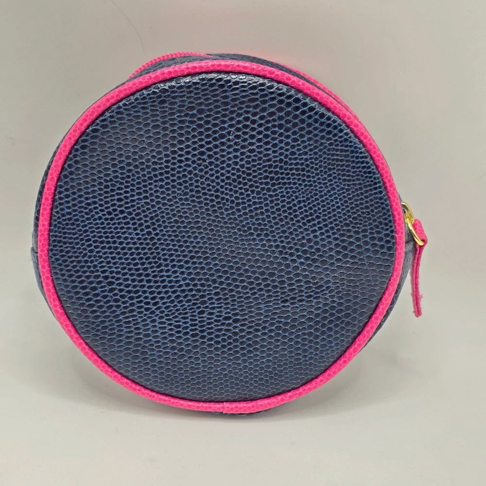 Estee Lauder Cosmetic Pouch Womens Navy Pink Faux Leather Round Travel Makeup